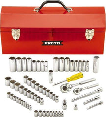 Proto - 65 Piece 1/4" & 3/8" Drive Full Polish Finish Deep Well Socket Set - 6, 12 Points, 1/4" to 7/8" (4mm to 19mm) Range, Inch/Metric Measurement Standard - Caliber Tooling