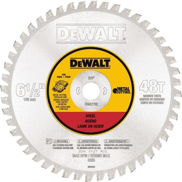 DeWALT - 6-1/2" Diam, 5/8" Arbor Hole Diam, 48 Tooth Wet & Dry Cut Saw Blade - Steel, Crosscutting Action, Standard Round Arbor - Caliber Tooling