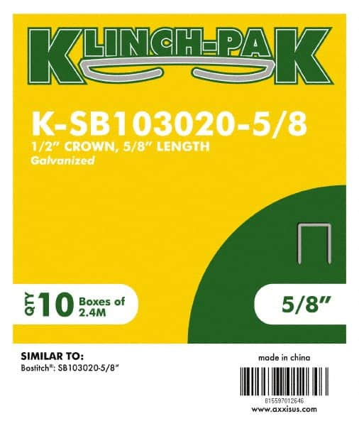 Klinch-Pak - 5/8" Long x 1/2" Wide, 0 Gauge Narrow Crown Construction Staple - Steel, Galvanized Finish, Chisel Point - Caliber Tooling