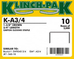 Klinch-Pak - 3/4" Long x 1-3/8" Wide, 0 Gauge Wide Crown Construction Staple - Steel, Copper Finish, Chisel Point - Caliber Tooling