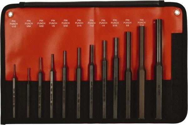 Mayhew - 12 Piece, 1/16 to 1/2", Pin Punch Set - Hex Shank, Steel, Comes in Kit Bag - Caliber Tooling