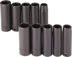 Proto - 10 Piece 1/2" Drive Black Finish Deep Well Impact Socket Set - 6 Points, 1/2" to 13/16" (13mm to 21mm) Range, Inch/Metric Measurement Standard - Caliber Tooling