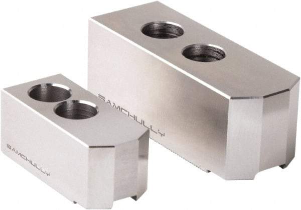 Samchully - 450mm Max Chuck Capacity, 1.5mm x 60° Serrated Interface, Square Soft Lathe Chuck Jaw - 3 Jaw, Steel, 43mm Btw Mount Hole Ctrs, 165mm Long, 62mm Wide, 66mm High, 22mm Groove, M20mm Fastener - Caliber Tooling