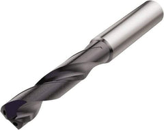 Seco - 11/32" 140° Spiral Flute Solid Carbide Screw Machine Drill Bit - TiAlN Finish, Right Hand Cut, 47mm Flute Length, 89mm OAL, Conical Point, Straight Shank, Through Coolant - Caliber Tooling