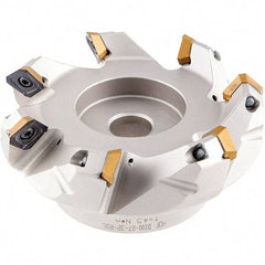 Iscar - 5.37, 5.42, 5.51" Cut Diam, 1-1/2" Arbor Hole, 5.5mm Max Depth of Cut, 42° Indexable Chamfer & Angle Face Mill - 8 Inserts, OE.. 060405\xB6OEMW 060405-AETN\xB6REMT 1505-LM-76 Insert, Right Hand Cut, 8 Flutes, Through Coolant, Series Heliocto - Caliber Tooling