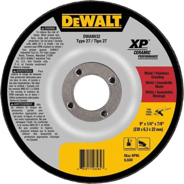 DeWALT - 24 Grit, 9" Wheel Diam, 7/8" Arbor Hole, Type 27 Depressed Center Wheel - Coarse/Medium Grade, Ceramic, N Hardness, 6,600 Max RPM - Caliber Tooling