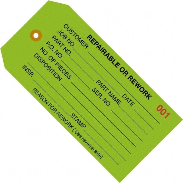 Made in USA - 4-3/4" High x 2-3/8" Long, REPAIRABLE OR REWORK, English Safety & Facility Inspection Tag - Green Cardstock - Caliber Tooling