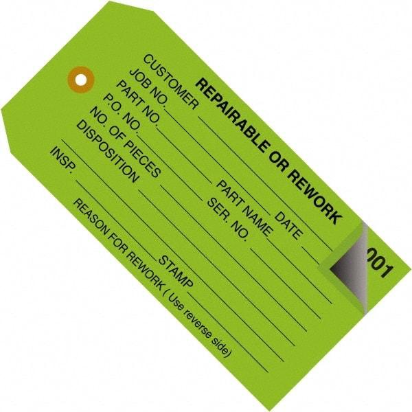 Made in USA - 4-3/4" High x 2-3/8" Long, REPAIRABLE OR REWORK, English Safety & Facility Inspection Tag - Green Cardstock - Caliber Tooling