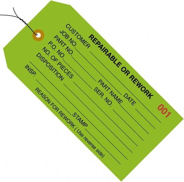 Made in USA - 4-3/4" High x 2-3/8" Long, REPAIRABLE OR REWORK, English Safety & Facility Inspection Tag - Green Cardstock - Caliber Tooling