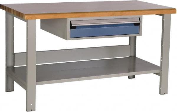 Rousseau Metal - 1 Drawer, 2 Shelf Workstation - 2,750 Lb Capacity, Wood Top, Everest Blue, 48" Wide x 34" High x 30" Long - Caliber Tooling