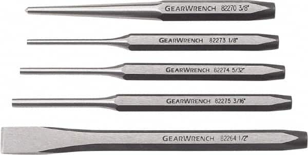 GearWrench - 5 Piece Cold Chisel, Center & Pin Punch Set - 3/8 to 1/2" Chisel, 3/8 to 1/2" Punch, Hex Shank - Caliber Tooling