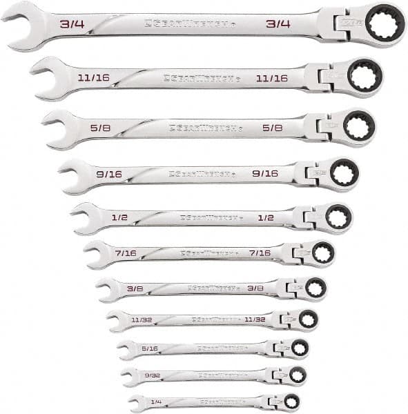 GearWrench - 11 Piece, 1/4" to 3/4", Ratcheting Flexhead Combination Wrench Set - Inch Measurement Standard, Chrome Finish - Caliber Tooling