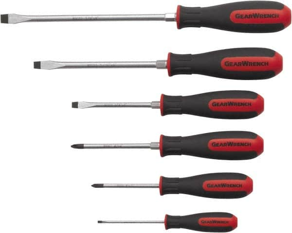 GearWrench - 6 Piece Phillips & Slotted Screwdriver Set - Blade Sizes: Length 3, 4, 6 & 8, Bit Sizes: Philips #1 to #2 - Caliber Tooling