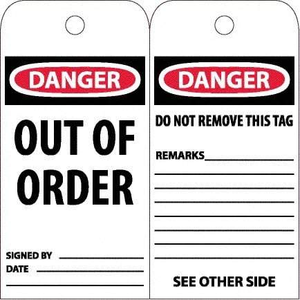 NMC - 4" High x 8" Long, DANGER - OUT OF ORDER, English Safety & Facility Accident Prevention Tag - Tag Header: Danger, 2 Sides, White Poly - Caliber Tooling