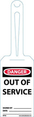 NMC - 11-1/4" High x 3-1/4" Long, Danger - Out of Service, English Safety & Facility Tag - Tag Header: Danger, 1 Side, White Unrippable Vinyl - Caliber Tooling