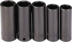 Proto - 5 Piece 1/2" Drive Black Finish Deep Well Socket Set - 6 Points, 17mm to 24mm Range, Metric Measurement Standard - Caliber Tooling