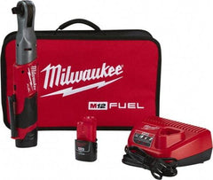 Milwaukee Tool - 1/2" Drive 12 Volt Pistol Grip Cordless Impact Wrench & Ratchet - 175 RPM, 60 Ft/Lb Torque, 2 Lithium-Ion Batteries Included - Caliber Tooling