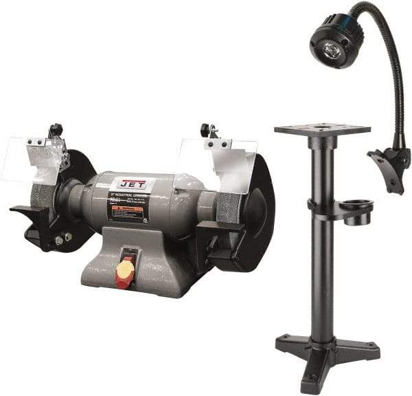 Jet - 8" Wheel Diam x 1" Wheel Width, 1 hp Grinder - 0.63" Arbor Hole Diam, 1 Phase, 3,450 Max RPM, 115 Volts - Caliber Tooling