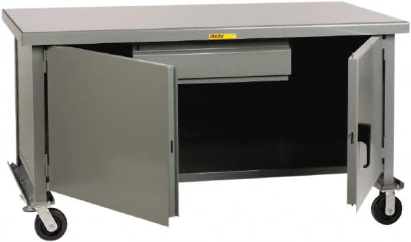 Little Giant - 3,600 Lb Capacity, 2 Shelf, 1 Drawer, 2 Door Mobile Heavy-Duty Workbench Cabinet - 48" Wide x 30" Deep x 37-1/2" High, Steel, Gray - Caliber Tooling