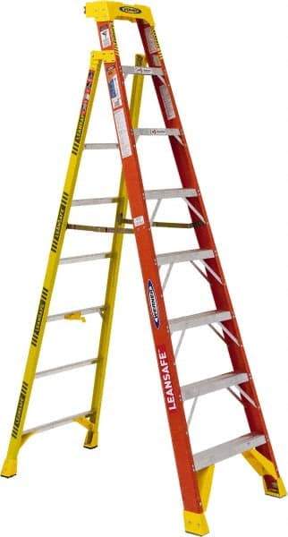 Werner - 7 Steps, 8' High, Type IA Rating, Fiberglass Step Ladder - 300 Lb Load Capacity, 27-39/64" Base Width - Caliber Tooling