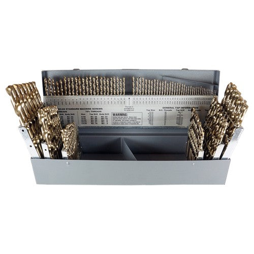 ‎1/16-1/2, A-Z, #1-#60 RHS / RHC HSS-CO 8% (M42) 135 Degree Split Point Heavy Duty Cobalt Jobber Length Drill Set - Straw / Gold Oxide - Exact Industrial Supply