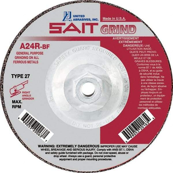 Sait - 24 Grit, 4-1/2" Wheel Diam, 1/4" Wheel Thickness, Type 27 Depressed Center Wheel - Aluminum Oxide, Resinoid Bond, R Hardness, 13,300 Max RPM, Compatible with Angle Grinder - Caliber Tooling