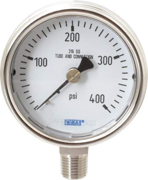 Wika - 2-1/2" Dial, 1/4 Thread, 0-400 Scale Range, Pressure Gauge - Lower Connection Mount, Accurate to 2-1-2% of Scale - Caliber Tooling