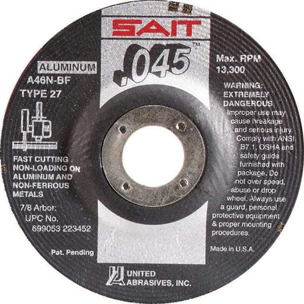 Sait - 46 Grit, 4-1/2" Wheel Diam, 7/8" Arbor Hole, Type 27 Depressed Center Wheel - Aluminum Oxide, Resinoid Bond, N Hardness, 13,300 Max RPM, Compatible with Angle Grinder - Caliber Tooling