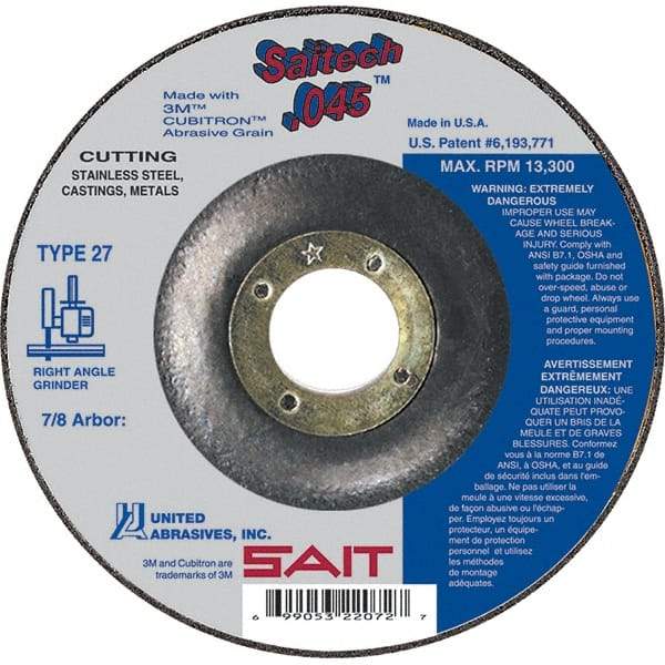 Sait - 7" Wheel Diam, 7/8" Arbor Hole, Type 27 Depressed Center Wheel - Ceramic, Resinoid Bond, 8,500 Max RPM, Compatible with Angle Grinder - Caliber Tooling