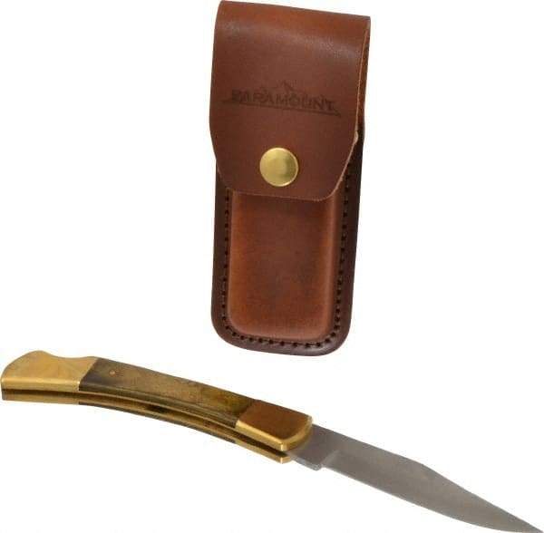 Paramount - 3-3/4" Blade, 8-1/2" OAL, Clip Point Folding Knife - 4-3/4" Closed Length, Wood, 1 Blade, Solid Brass Bolsters & Pins/Leather Sheath - Caliber Tooling