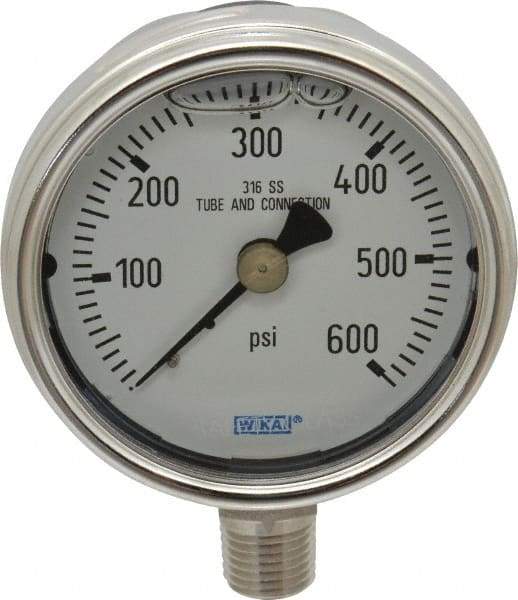 Wika - 2-1/2" Dial, 1/4 Thread, 0-600 Scale Range, Pressure Gauge - Lower Connection Mount, Accurate to 2-1-2% of Scale - Caliber Tooling