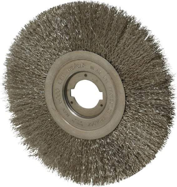 Weiler - 8" OD, 1-1/4" Arbor Hole, Crimped Stainless Steel Wheel Brush - 3/4" Face Width, 2-1/16" Trim Length, 0.0118" Filament Diam, 6,000 RPM - Caliber Tooling