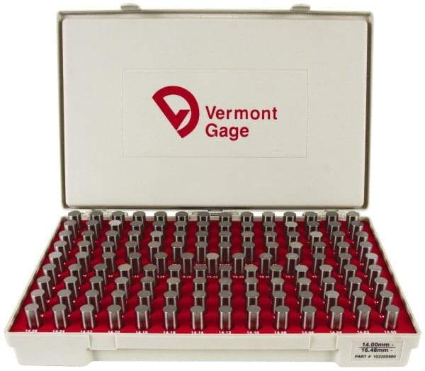 Vermont Gage - 125 Piece, 14-16.48 mm Diameter Plug and Pin Gage Set - Minus 0.01 mm Tolerance, Class ZZ - Caliber Tooling