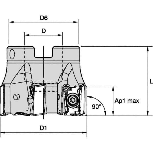 Kennametal - 5 Inserts, 2-1/2" Cut Diam, 3/4" Arbor Diam, 15.5mm Max Depth of Cut, Indexable Square-Shoulder Face Mill - 0° Lead Angle, 40.01mm High, LNGU15T608SRGE Insert Compatibility, Through Coolant, Series MILL 4-15 - Caliber Tooling