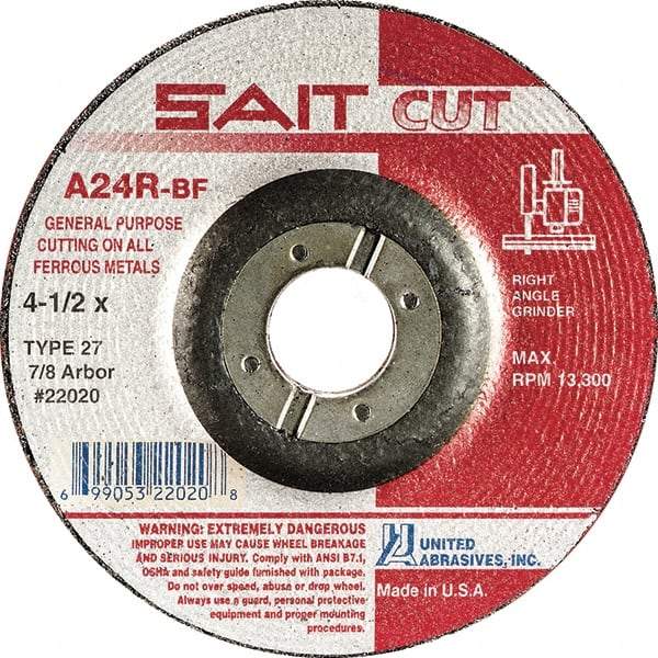 Sait - 24 Grit, 4" Wheel Diam, 1/8" Wheel Thickness, 3/8" Arbor Hole, Type 27 Depressed Center Wheel - Aluminum Oxide, Resinoid Bond, R Hardness, 13,500 Max RPM, Compatible with Angle Grinder - Caliber Tooling