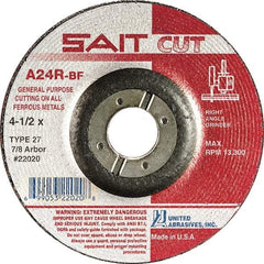 Sait - 24 Grit, 4" Wheel Diam, 1/8" Wheel Thickness, 3/8" Arbor Hole, Type 27 Depressed Center Wheel - Aluminum Oxide, Resinoid Bond, R Hardness, 13,500 Max RPM, Compatible with Angle Grinder - Caliber Tooling