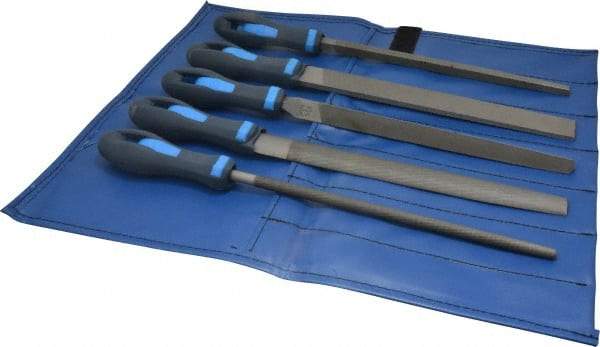 PFERD - 5 Piece American Pattern File Set - 10" Long, Second Coarseness, Ergonomic Handle, Set Includes Hand, Three Square, Square, Round, Tapered Half Round - Caliber Tooling