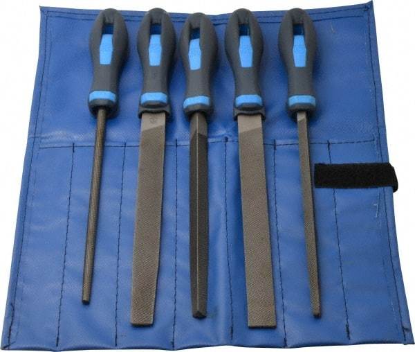 PFERD - 5 Piece American Pattern File Set - 8" Long, Bastard Coarseness, Ergonomic Handle, Set Includes Hand, Three Square, Square, Round, Tapered Half Round - Caliber Tooling