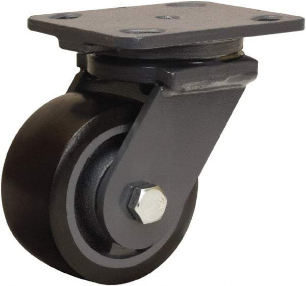 Hamilton - 4" Diam x 2" Wide x 5-5/8" OAH Top Plate Mount Swivel Caster - Polyurethane Mold onto Cast Iron Center, 975 Lb Capacity, Sealed Precision Ball Bearing, 4 x 5" Plate - Caliber Tooling