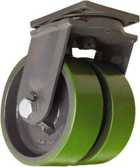 Hamilton - 10" Diam x 3" Wide x 13" OAH Top Plate Mount Dual Swivel Caster - Polyurethane Mold onto Cast Iron Center, 6,000 Lb Capacity, Straight Roller Bearing, 8-1/2 x 8-1/2" Plate - Caliber Tooling