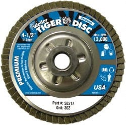 Weiler - 4-1/2" 36 Grit 5/8-11 Center Hole Type 29 Zirconia Alumina Flap Disc - Caliber Tooling