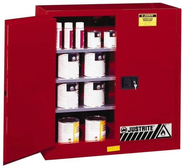 Justrite - 2 Door, 3 Shelf, Red Steel Standard Safety Cabinet for Flammable and Combustible Liquids - 44" High x 43" Wide x 18" Deep, Manual Closing Door, 3 Point Key Lock, 40 Gal Capacity - Caliber Tooling