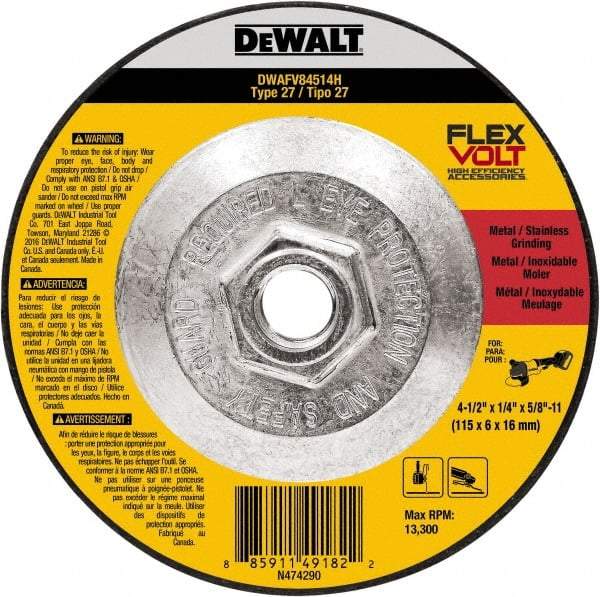 DeWALT - 4-1/2" Wheel Diam, 1/4" Wheel Thickness, 7/8" Arbor Hole, Type 27 Depressed Center Wheel - Fine/Coarse Grade, Ceramic, 13,300 Max RPM - Caliber Tooling