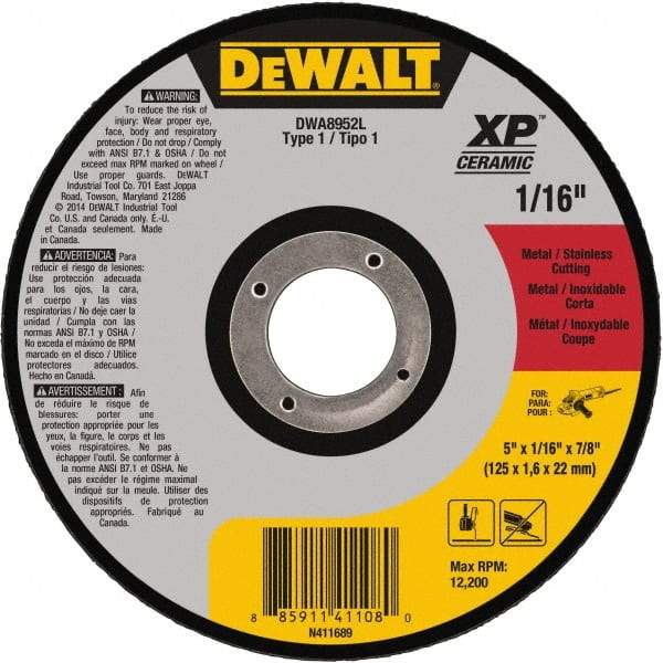 DeWALT - 5" Ceramic Cutoff Wheel - 0.04" Thick, 7/8" Arbor, 12,200 Max RPM, Use with Angle Grinders - Caliber Tooling