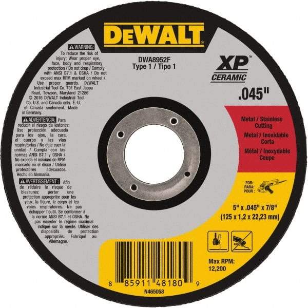 DeWALT - 5" Ceramic Cutoff Wheel - 0.045" Thick, 7/8" Arbor, 12,200 Max RPM, Use with Angle Grinders - Caliber Tooling