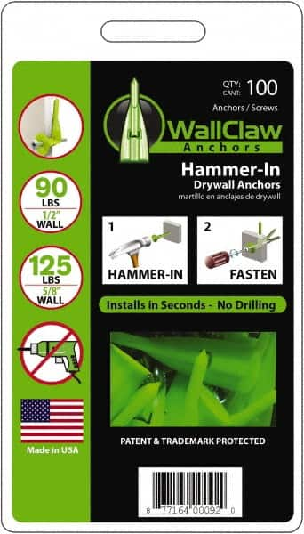 WallClaw Anchors - #8 Screw, 1/2" Diam, 2" Long, 1/4" Thick, Hammer-In Drywall & Hollow Wall Anchor - Nylon, Use with Drywall & Hollow Wall - Caliber Tooling