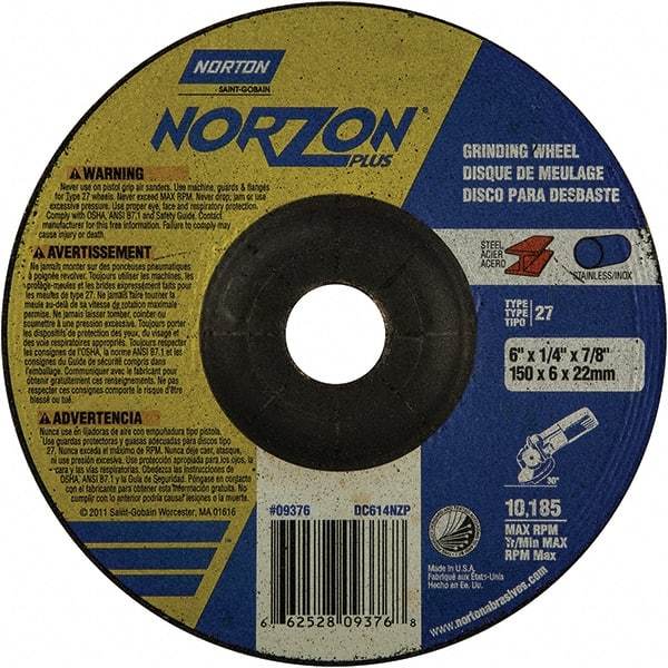 Norton - 20 Grit, 6" Wheel Diam, 1/4" Wheel Thickness, 7/8" Arbor Hole, Type 27 Depressed Center Wheel - Extra Coarse Grade, Ceramic, 10,185 Max RPM - Caliber Tooling