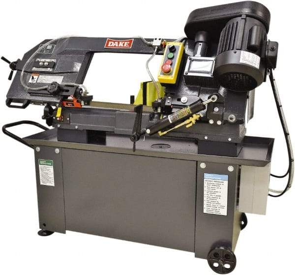 Dake - 9 x 12" Max Capacity, Manual Step Pulley Horizontal Bandsaw - 98 to 328 SFPM Blade Speed, 110 Volts, 45°, 1 hp, 1 Phase - Caliber Tooling