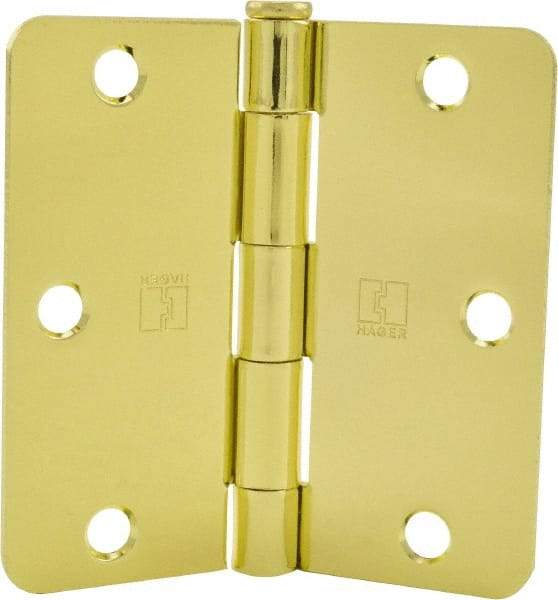 Hager - 3-1/2" Wide x 3-1/2" High 1/4 Radius Residential Hinge - Round Edge, Steel, Bright Brass Finish - Caliber Tooling