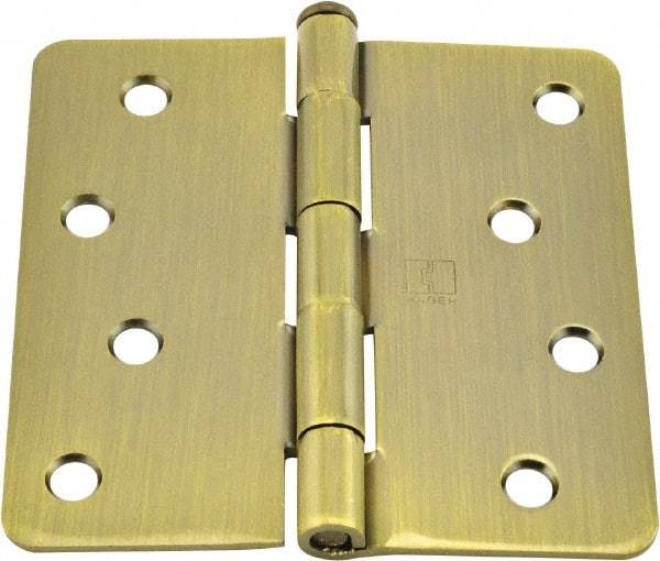 Hager - 4" Wide x 4" High 1/4 Radius Residential Hinge - Round Edge, Steel, Antique Brass Finish - Caliber Tooling